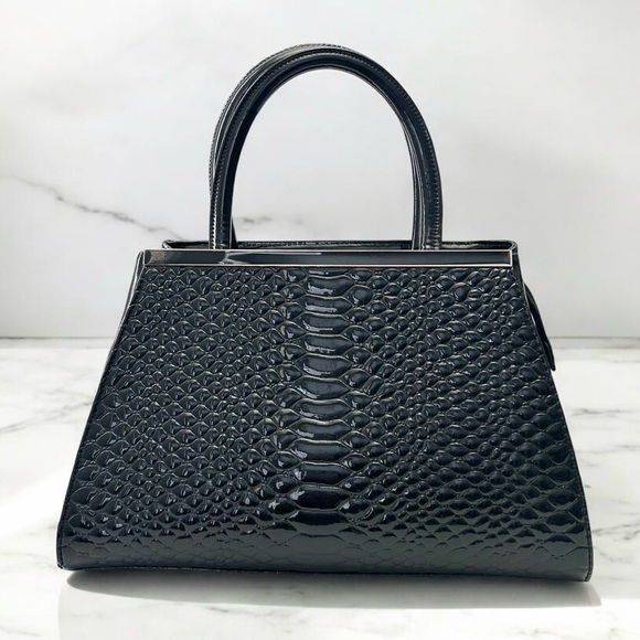 Elegant Black Textured Handbag Purse Structured Shoulder Bag Patent Faux Leather - Picture 16 of 16